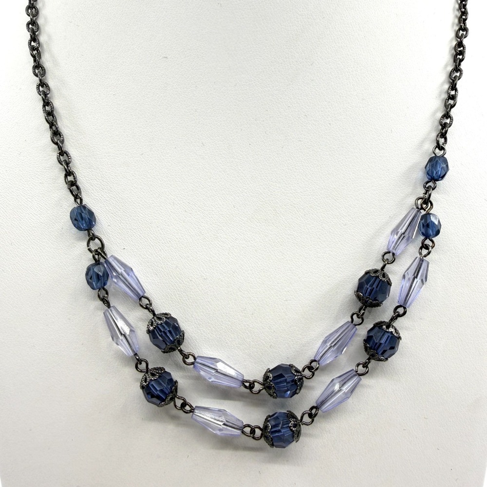 Elegant Double Strand Blue Crystal Bead Necklace Layered Statement Jewelry Gift